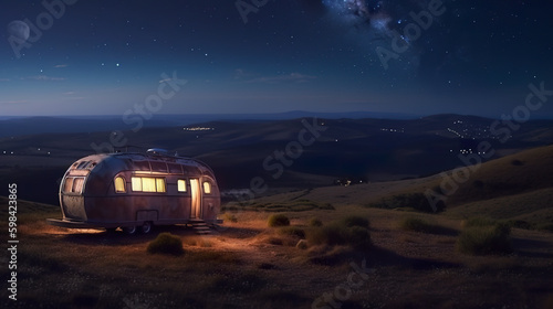 A trailer is parked on a hill at night. AI generative.