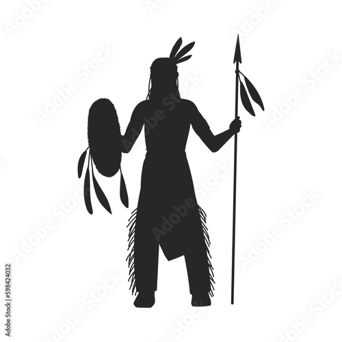 American Indian tribe warrior with spear, black silhouette flat vector illustration isolated on white background.