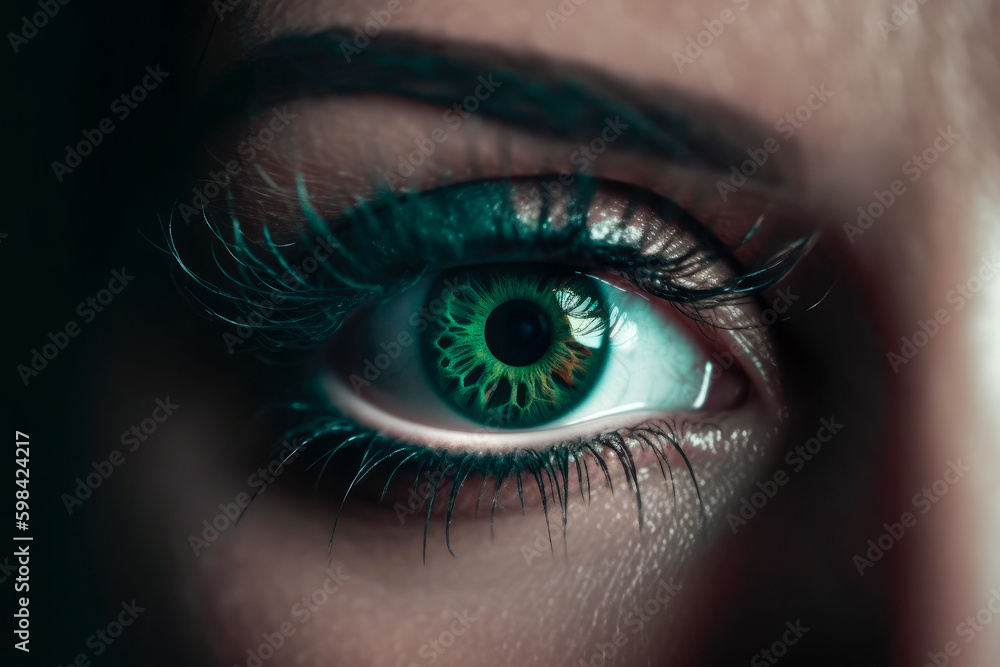 macro de un ojo de mujer de color turquesa. Ilustración de IA generativa