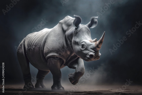 rinoceronte blanco corriendo, en fondo oscuro. Concepto vida salvaje photo