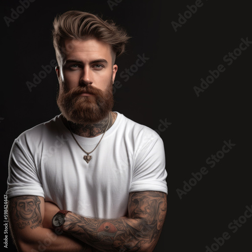 Tattooed hipster man with beard wearing white t-shirt. Generative AI