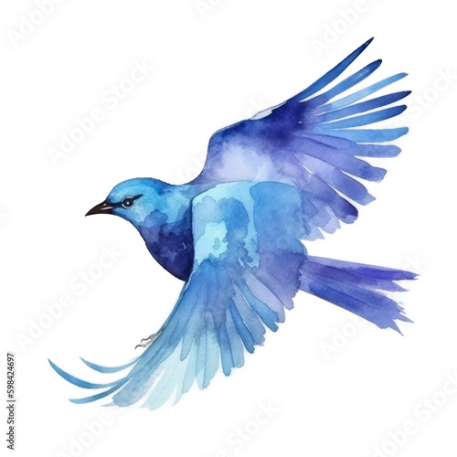 Watercolor blue bird. Illustration AI Generative.