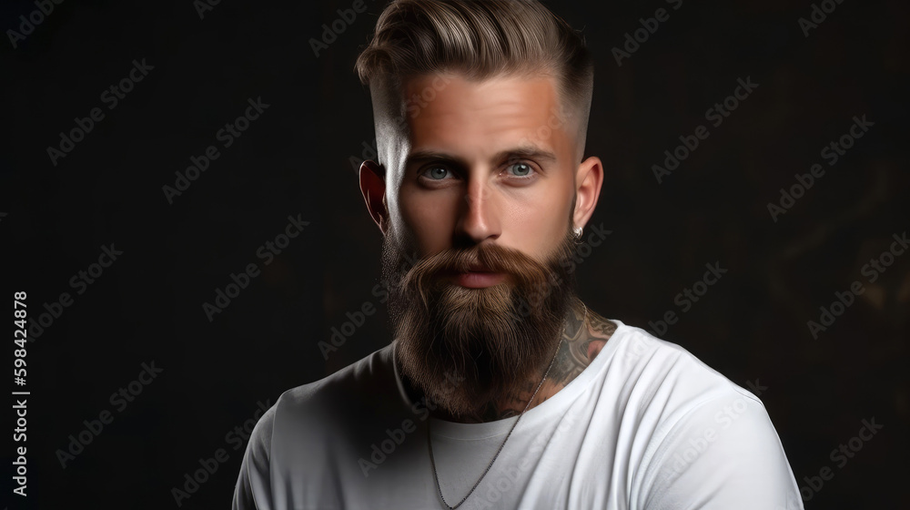 Tattooed hipster man with beard wearing white t-shirt. Generative AI