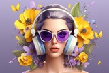 A beautiful woman wearing headphones with ornament flowers background, music festival day. Generative AI, Generative, AI