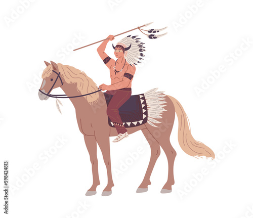 Indigenous American warrior on horseback with spear weapon - flat vector illustration isolated on white background.