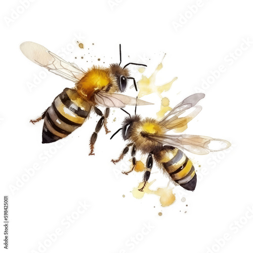 Watercolor Honey Bee. Illustration AI Generative.