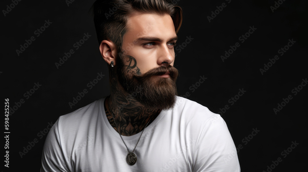 Tattooed hipster man with beard wearing white t-shirt. Generative AI Tattooed hipster man with beard wearing white t-shirt. Generative AI