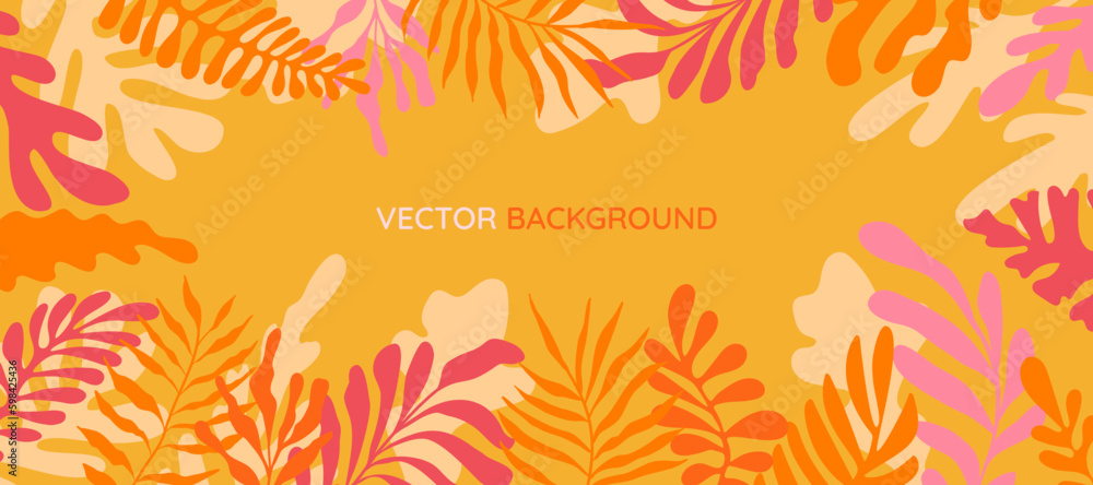 Vector  horizontal abstract background with copy space for text - summer horizontal banner - bright vibrant banner, poster, cover design template, with yellow and orange leaves and palm leaves
