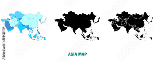 Asia Divided Map With Countries color, black, line illustration map in white background set eps10