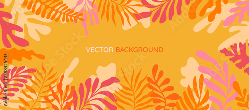 Vector horizontal abstract background with copy space for text - summer horizontal banner - bright vibrant banner, poster, cover design template, with yellow and orange leaves and palm leaves