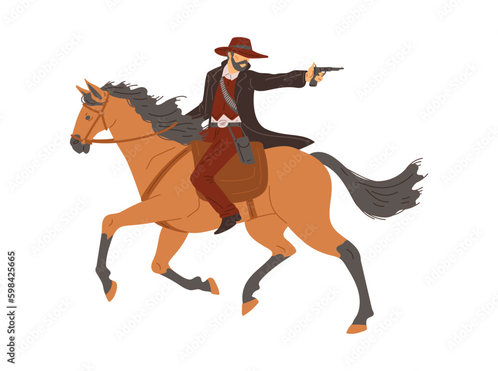 Western cowboy or bandit shoots a pistol on horse, flat vector isolated. Western cowboy or bandit shoots a pistol on horse, flat vector isolated.