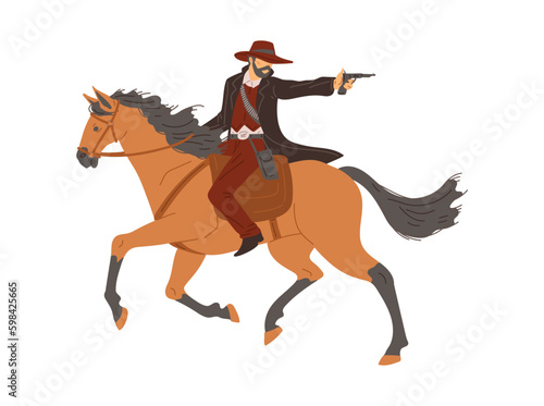 Western cowboy or bandit shoots a pistol on horse, flat vector isolated.