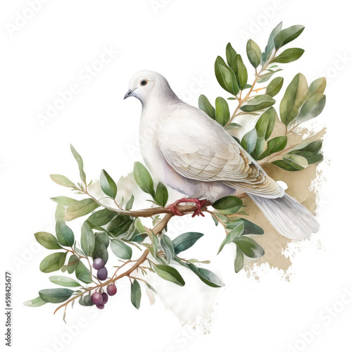 Watercolor white dove and olive branche Illustration AI Generative.