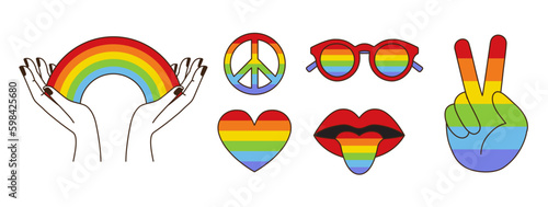 Vector illustration in flat simple linear style - hand and pride LGBT rainbow heart - lesbian gay bisexual transgender love concept, Icon and symbol for sticker,  t-shirt print 