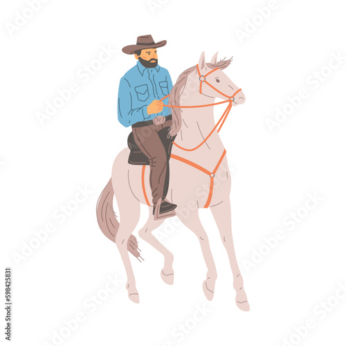 Cowboy riding horse, flat vector illustration isolated on white background.