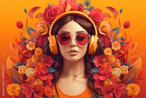 A beautiful woman wearing headphones with ornament flowers background, music festival day. Generative AI, Generative, AI