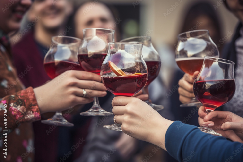 people holding drinks and toasting with glasses at a party, ai generative people holding drinks and toasting with glasses at a party, ai generative