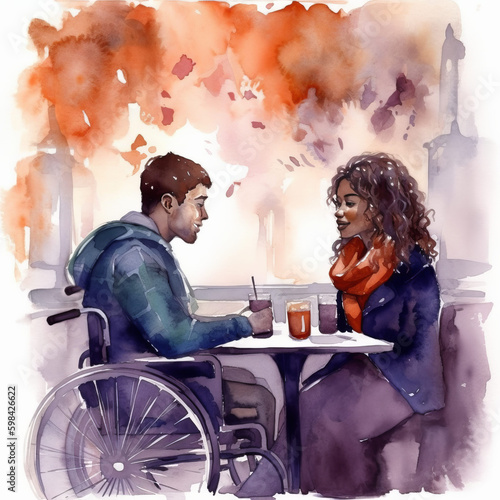 Young Couple On a Date, Man is Using Wheelchair Illustration [Generative AI] photo