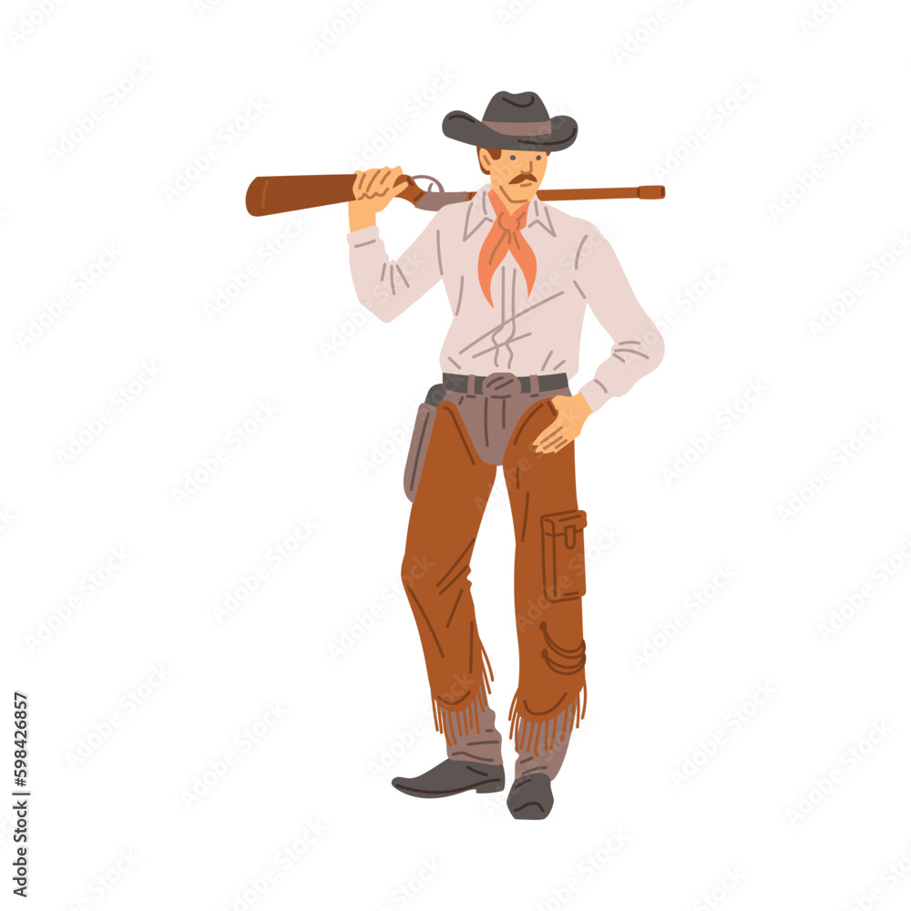 Western american sheriff or bandit with rifle flat vector illustration isolated. Western american sheriff or bandit with rifle flat vector illustration isolated.