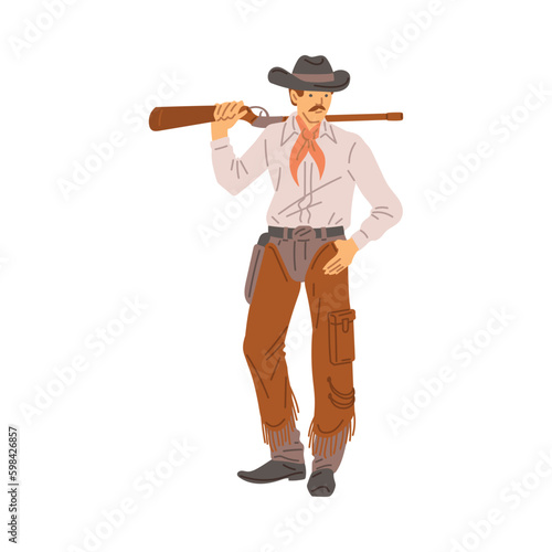 Western american sheriff or bandit with rifle flat vector illustration isolated.