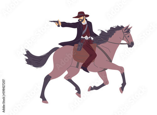 Cowboy or ranger shooting back from enemies on horseback, flat vector isolated.