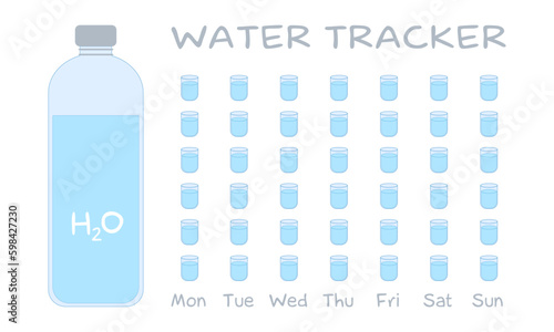 Water Tracker. Water Balance Calendar. Water weekly Tracker. From Monday to Sunday. Hydration Challenge. Flat vector illustration on a white background. Drinking water checklist with bottle and cups.