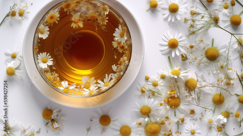 Chamomile tea in glass cup with flowers - Generative AI