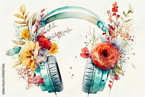 Concept watercolor illustration headphones with flowers and plants. Generative Ai
