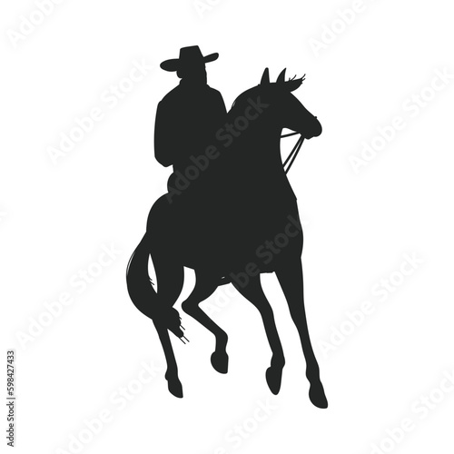 Silhouette of cowboy or ranger in hat riding horse, vector illustration isolated.