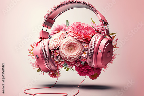 Concept watercolor illustration headphones with flowers and plants. Generative Ai 