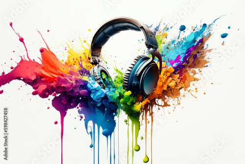 Headphones with colorful paint splatter. Gaming headset. Generative Ai
