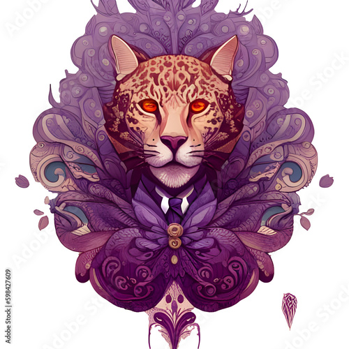 Regal Finesse Brown Jaguar in Purple Regalia Bow Tie Suit Orange Brown Eyes - Created with Generative 