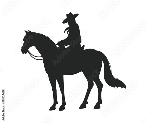 Cowboy or animal herder on horse, black silhouette - flat vector illustration isolated on white background.