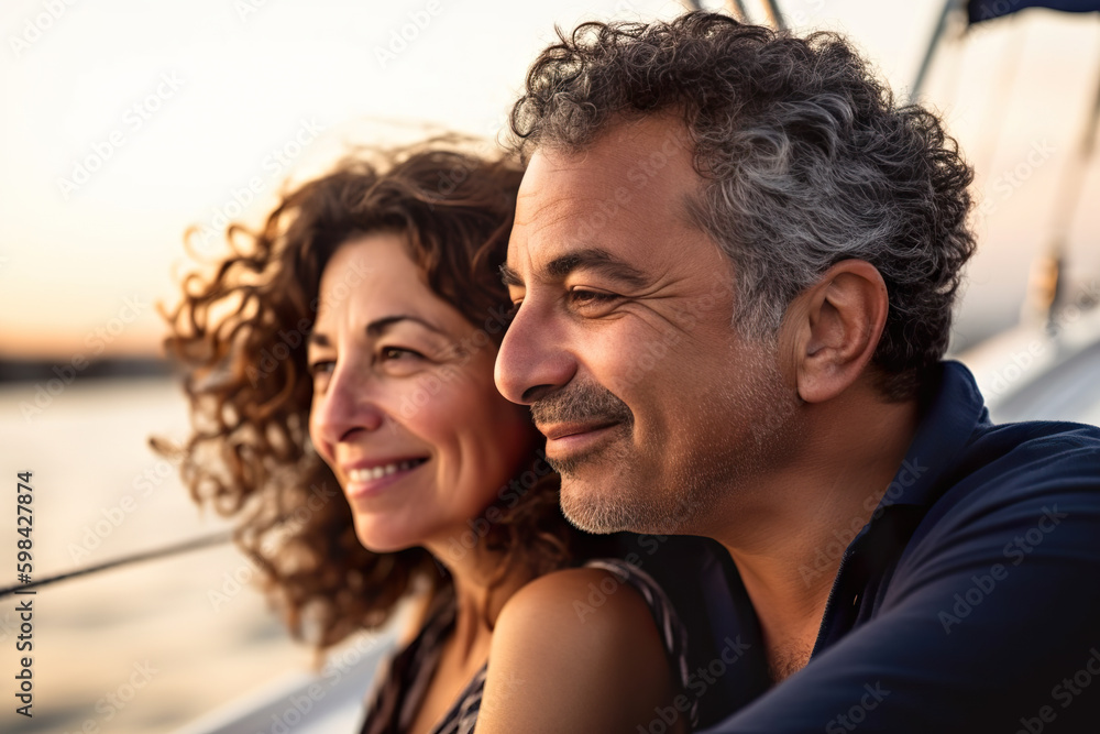 Happy senior couple in love enjoying a romantic sunset on yacht in the sea, AI Generative Happy senior couple in love enjoying a romantic sunset on yacht in the sea, AI Generative