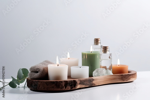 Aromatherapy, spa, beauty treatment and wellness background with massage oil, lavender flowers, towels, cosmetic products - Generative AI