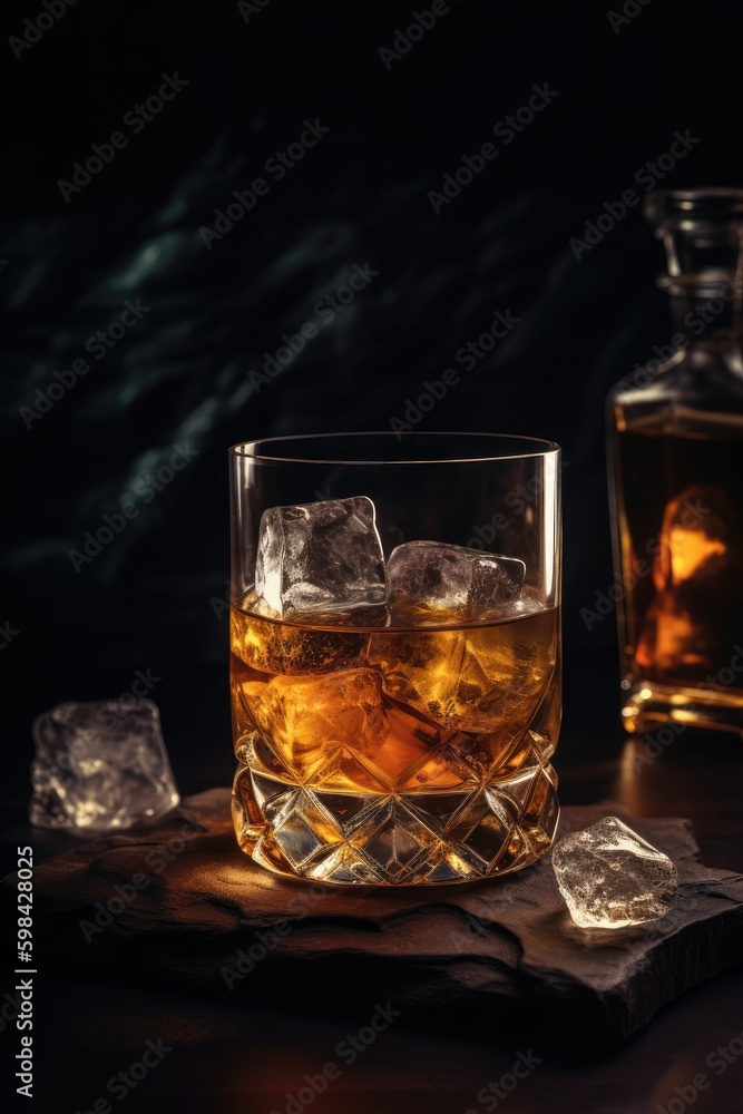 A glass of whiskey on a dark background with ice cubes in a luxury style. Generative AI