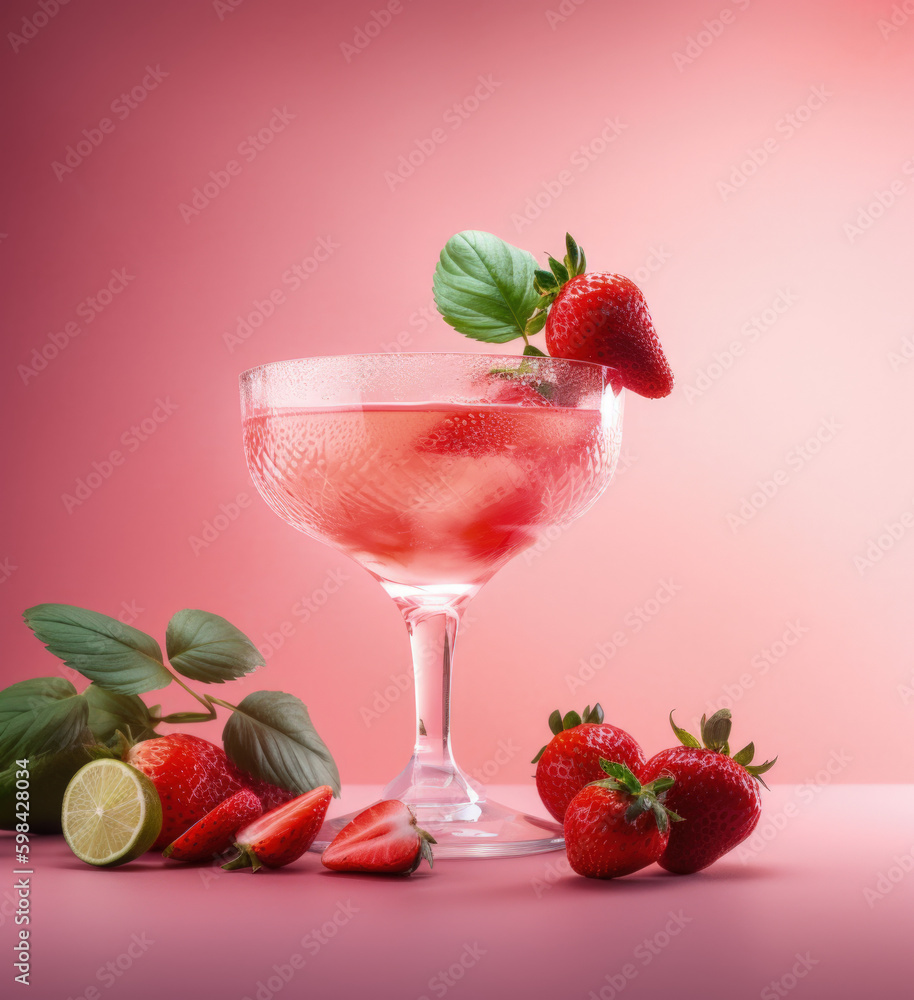 Refreshing Strawberry Margarita on a Vibrant Pink Background - Generative AI Refreshing Strawberry Margarita on a Vibrant Pink Background - Generative AI