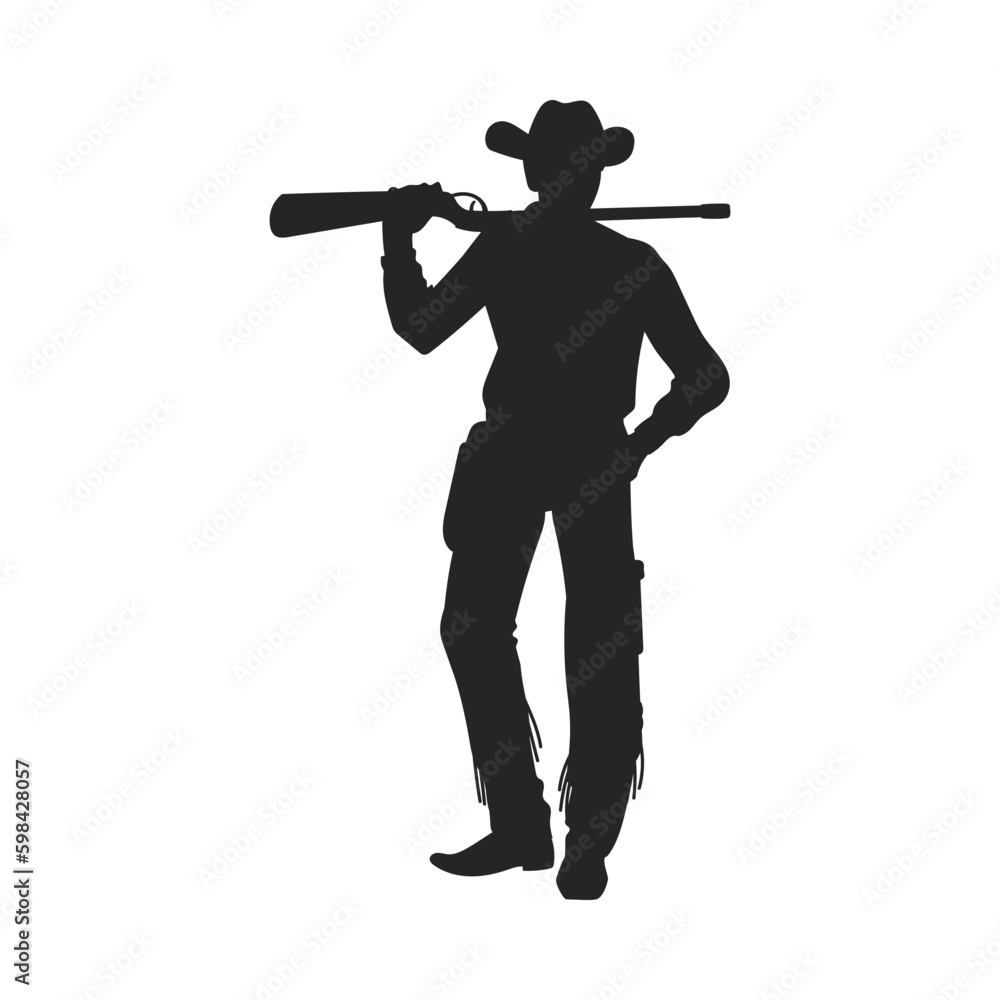 Black silhouette of cowboy with ruffle gun, flat vector illustration isolated on white background. Black silhouette of cowboy with ruffle gun, flat vector illustration isolated on white background.