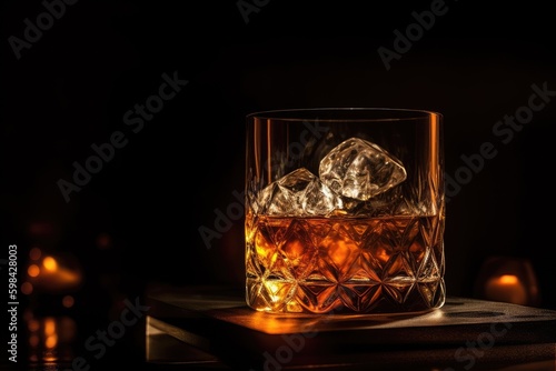 Glass with alcohol and ice on the table, on a dark background, whiskey. Generative AI