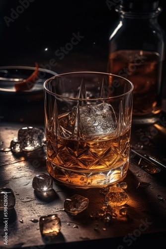 Whiskey with ice on a wooden table, in the office, in an expensive style. Generative AI