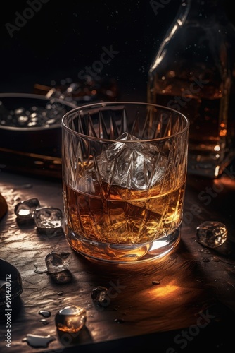 Whiskey with ice on a wooden table, luxury. Generative AI