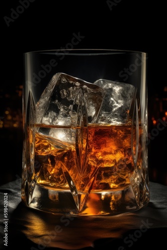 Glass of whiskey with ice cubes in expensive refined style. Generative AI
