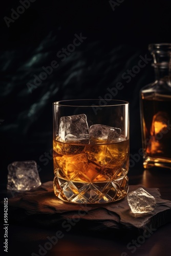 A glass of whiskey on a dark background with ice cubes in a luxury style. Generative AI