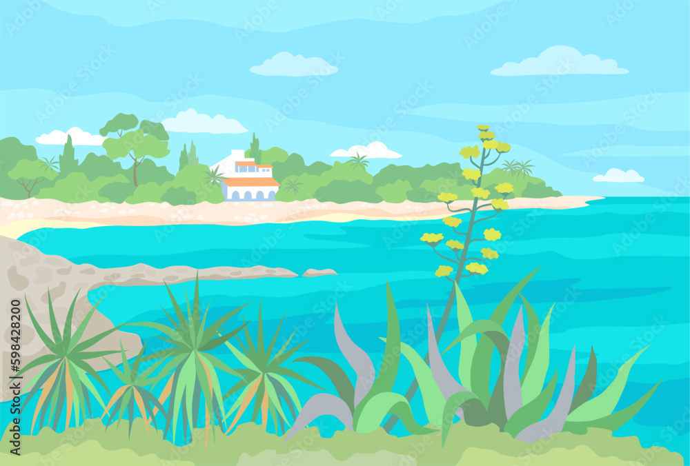 Summer seascape. Blooming agave and yucca grow in the foreground. There is a beach and a cottage on the seashore in the background. Vector color illustration 