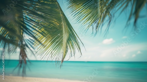 Tropical summer seascape with palm leaves, beach and paradise ocean. Vacation and travel backdrop. Generative AI © AngrySun