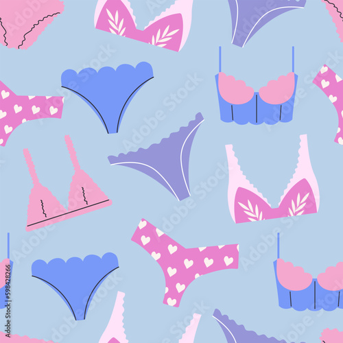 Bras and panties seamless pattern. Women's lingerie vector flat illustration.