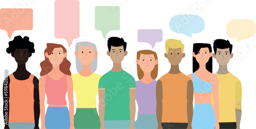 2D vector illustration of diverse men and women standing in row with speech bubbles