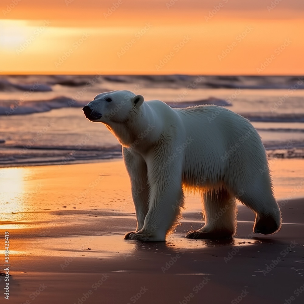 polar bear at the beach at sunset polar bear at the beach at sunset
