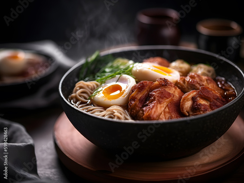 Popular Japanese food noodles. Ramen is a popular Japanese noodle with chashu pork. Japanese braised pork belly soup features noodle. Japanese ramen noodles bowl with slice of pork egg | Generative AI