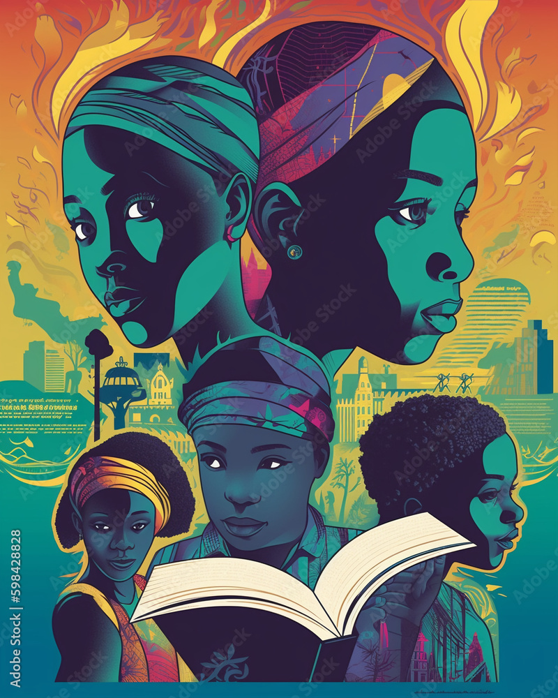 Dramatic Illustration of African American children with colorful background elements. AI generated people and images - obrazy, fototapety, plakaty 